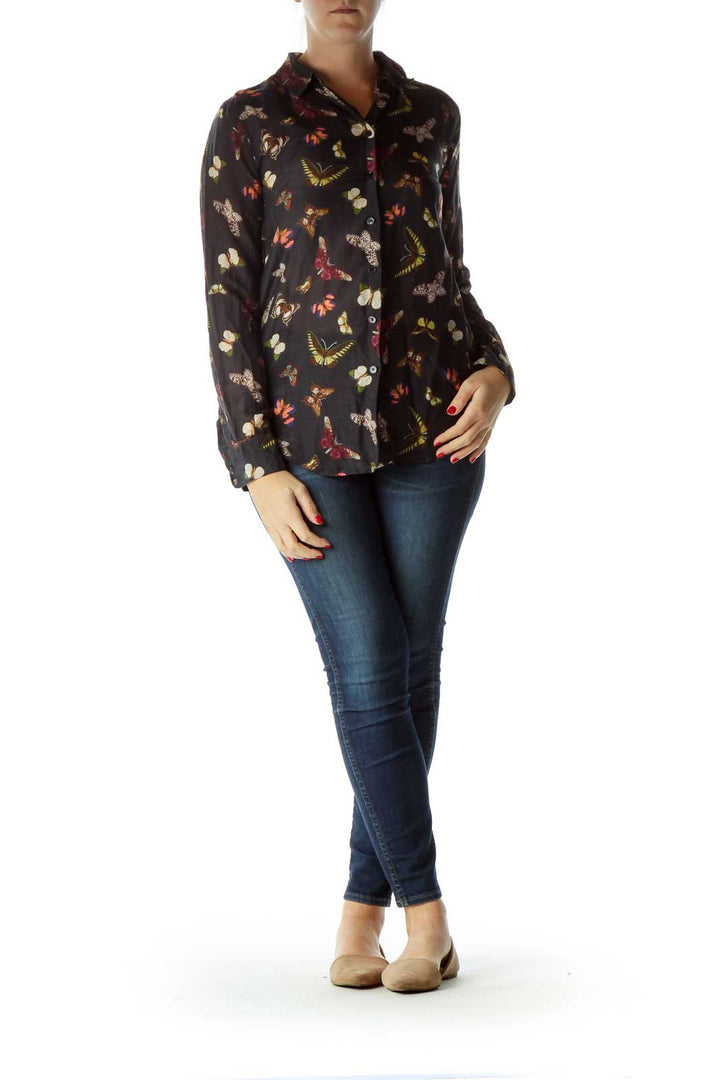 Multicolor Butterflies Print Buttoned Blouse