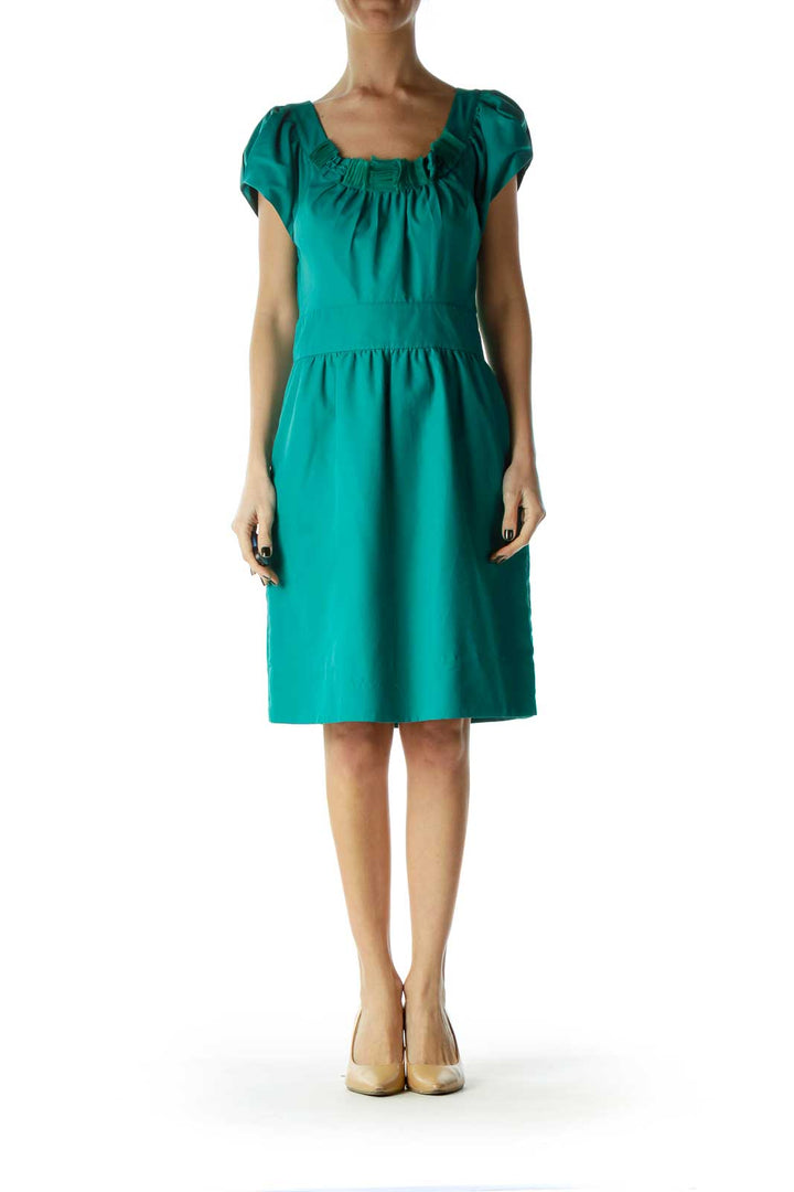 Green Round Neck Ruffled Detail Cocktail Dress