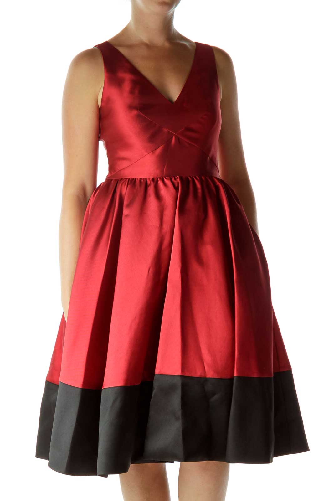 Red Black V-Neck Empire Waist Evening Dress