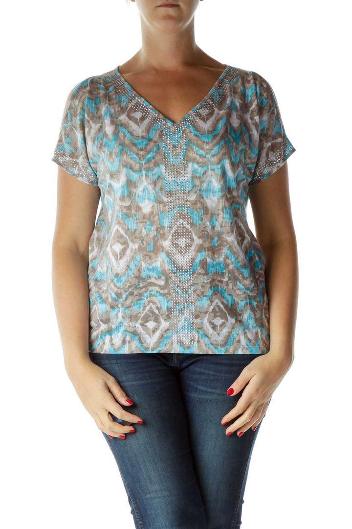 Blue Gray Sequin V-Neck T-Shirt