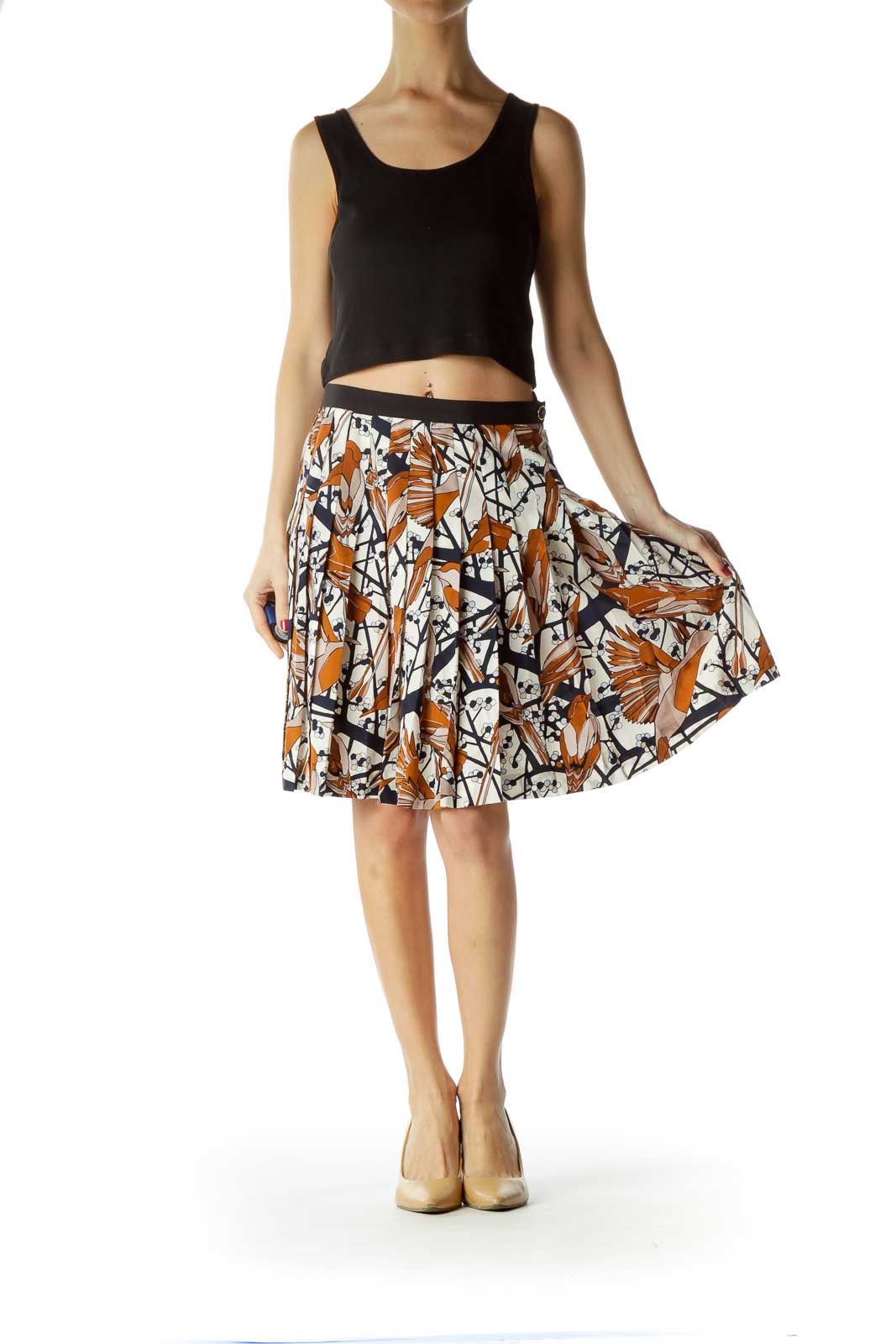 Multicolor 100% Silk Pleated Flared Skirt