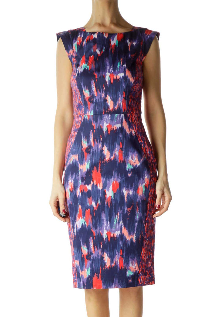 Multicolor Print Cap Sleeves Work Dress