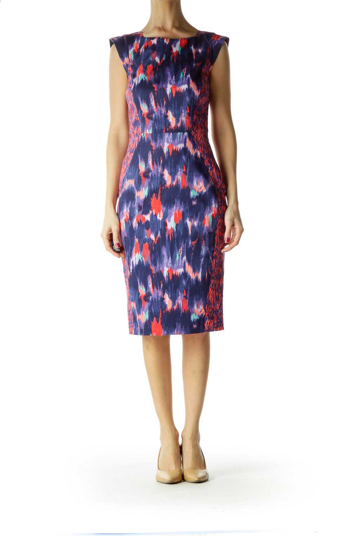 Multicolor Print Cap Sleeves Work Dress
