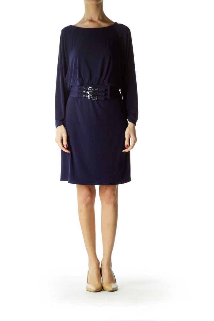 Blue Belted with Buckles Work Dress