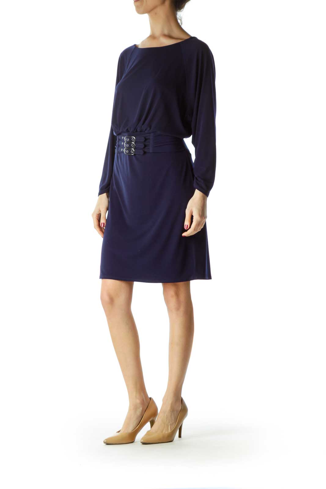 Blue Belted with Buckles Work Dress