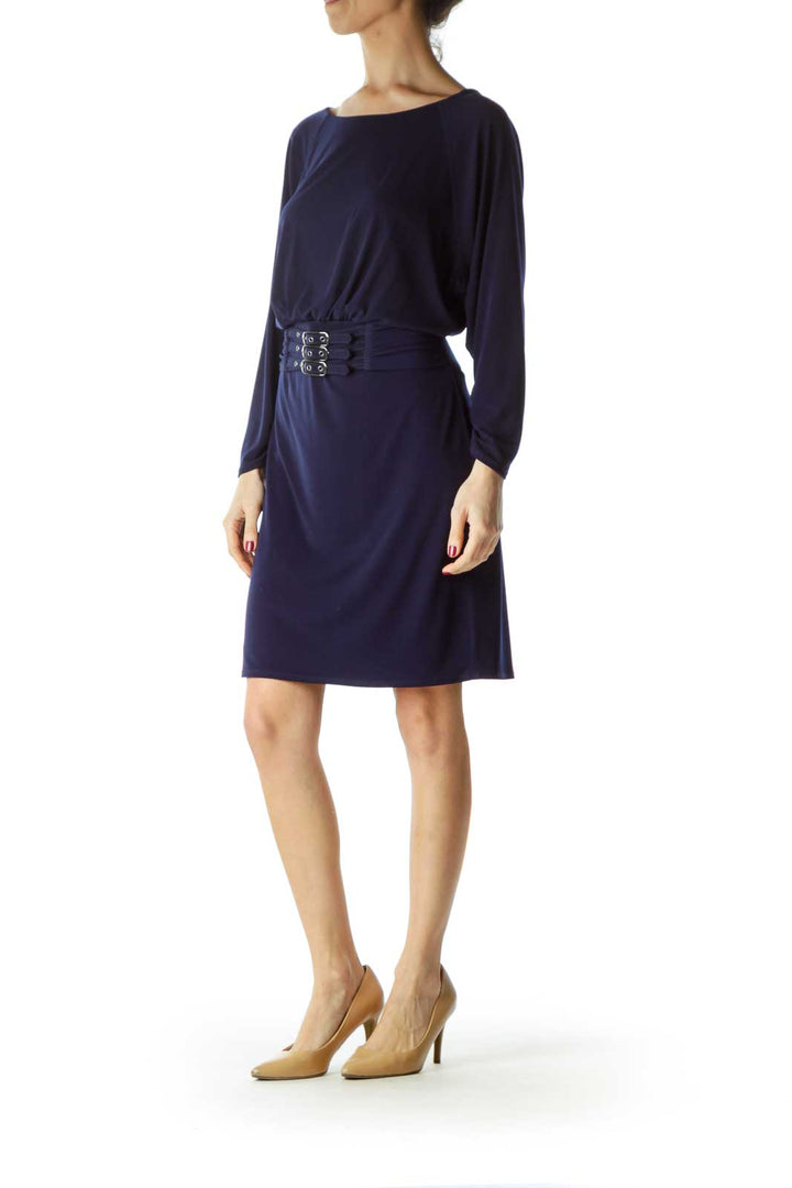 Blue Belted with Buckles Work Dress