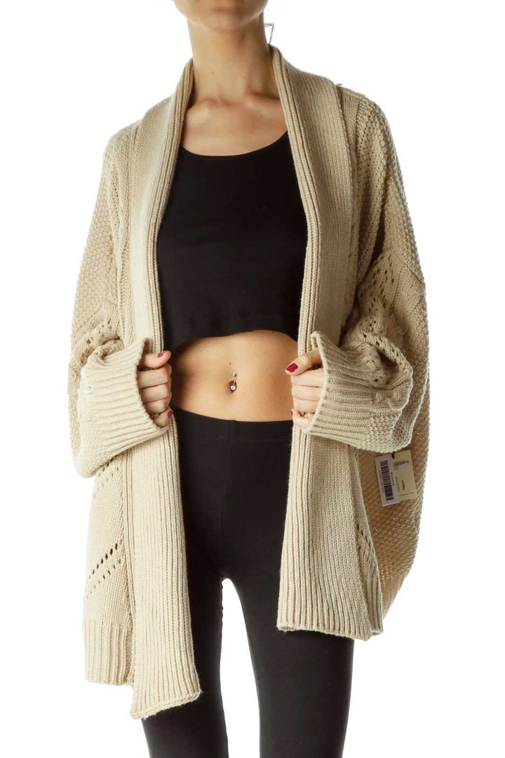 Beige Cable Knit Open Fron Sweater