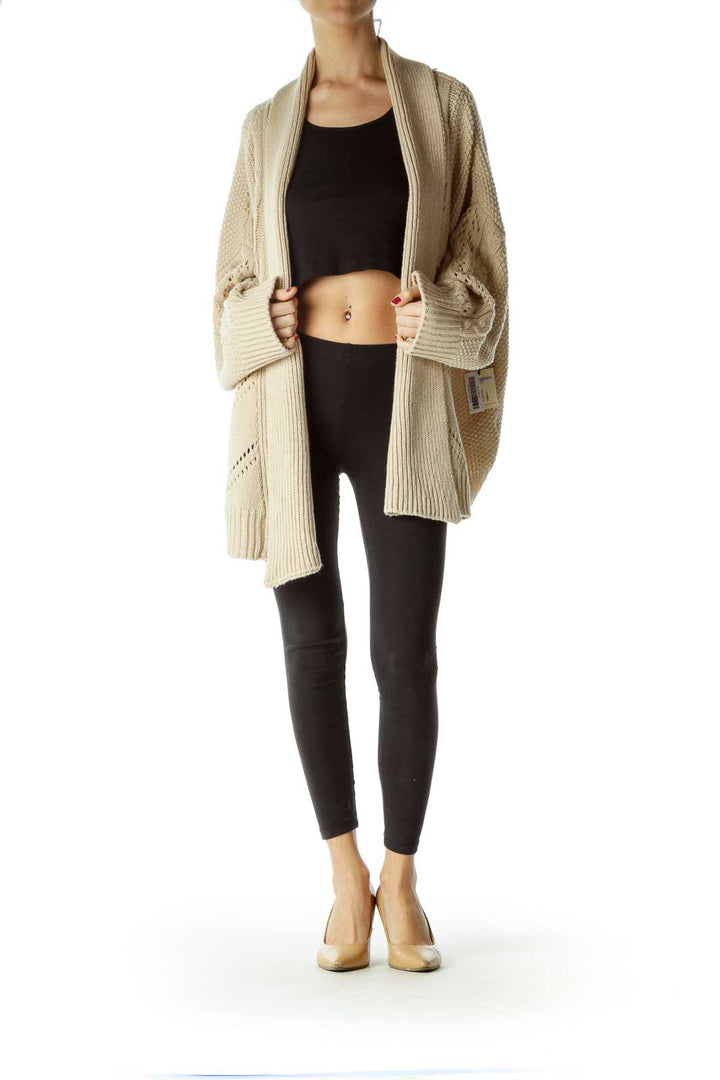 Beige Cable Knit Open Fron Sweater