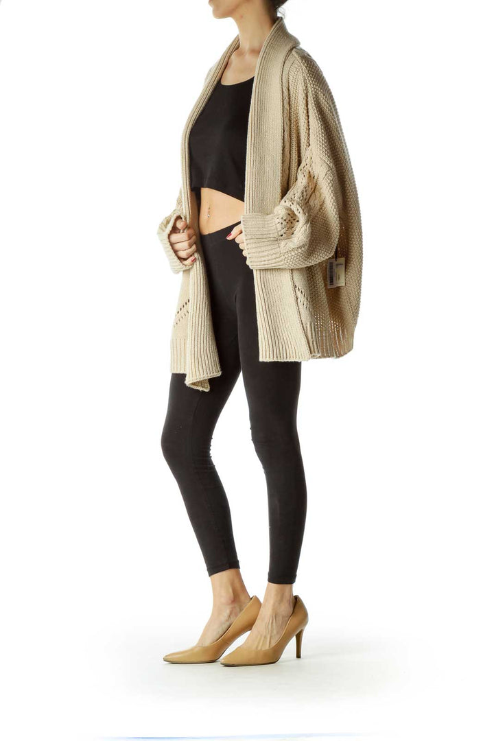 Beige Cable Knit Open Fron Sweater