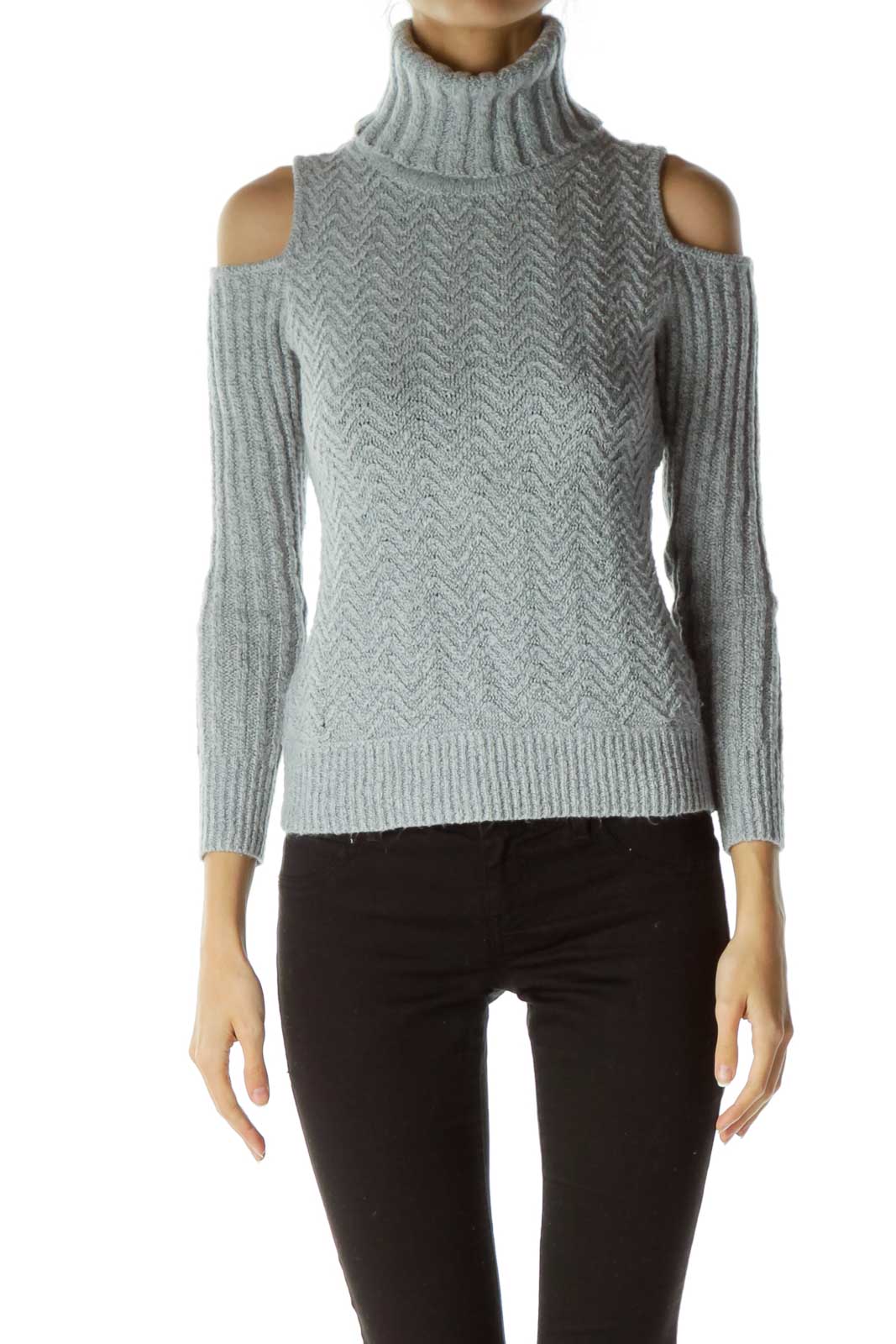 Gray Mottled Cowl Neck Cold-Shoulder Sweater