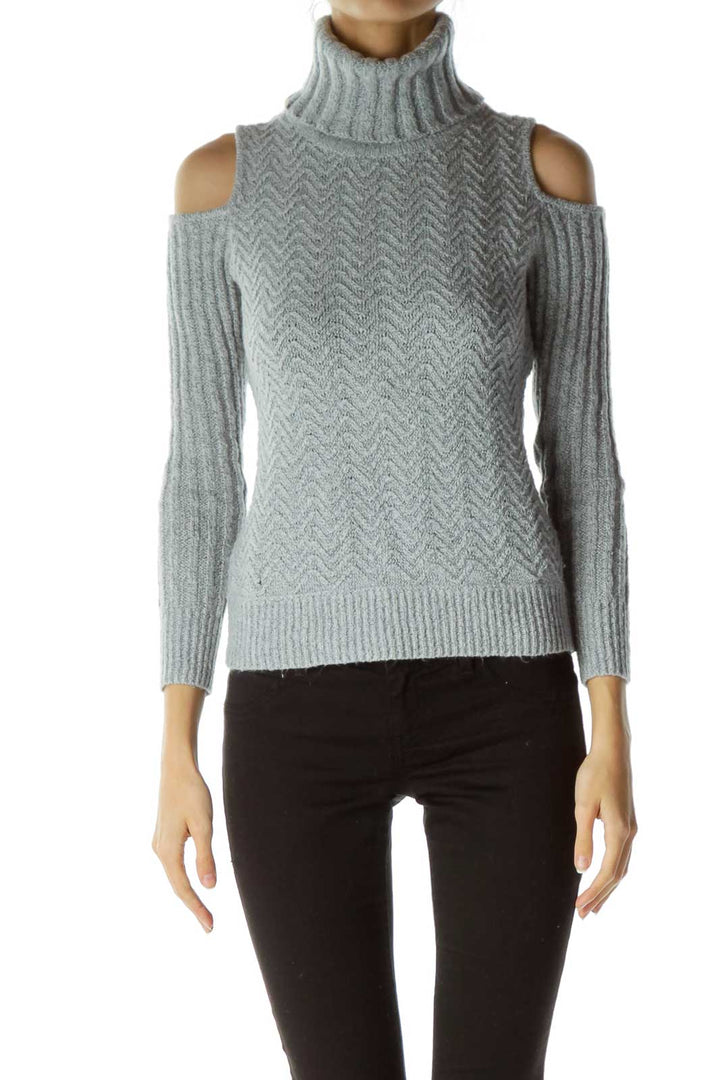Gray Mottled Cowl Neck Cold-Shoulder Sweater