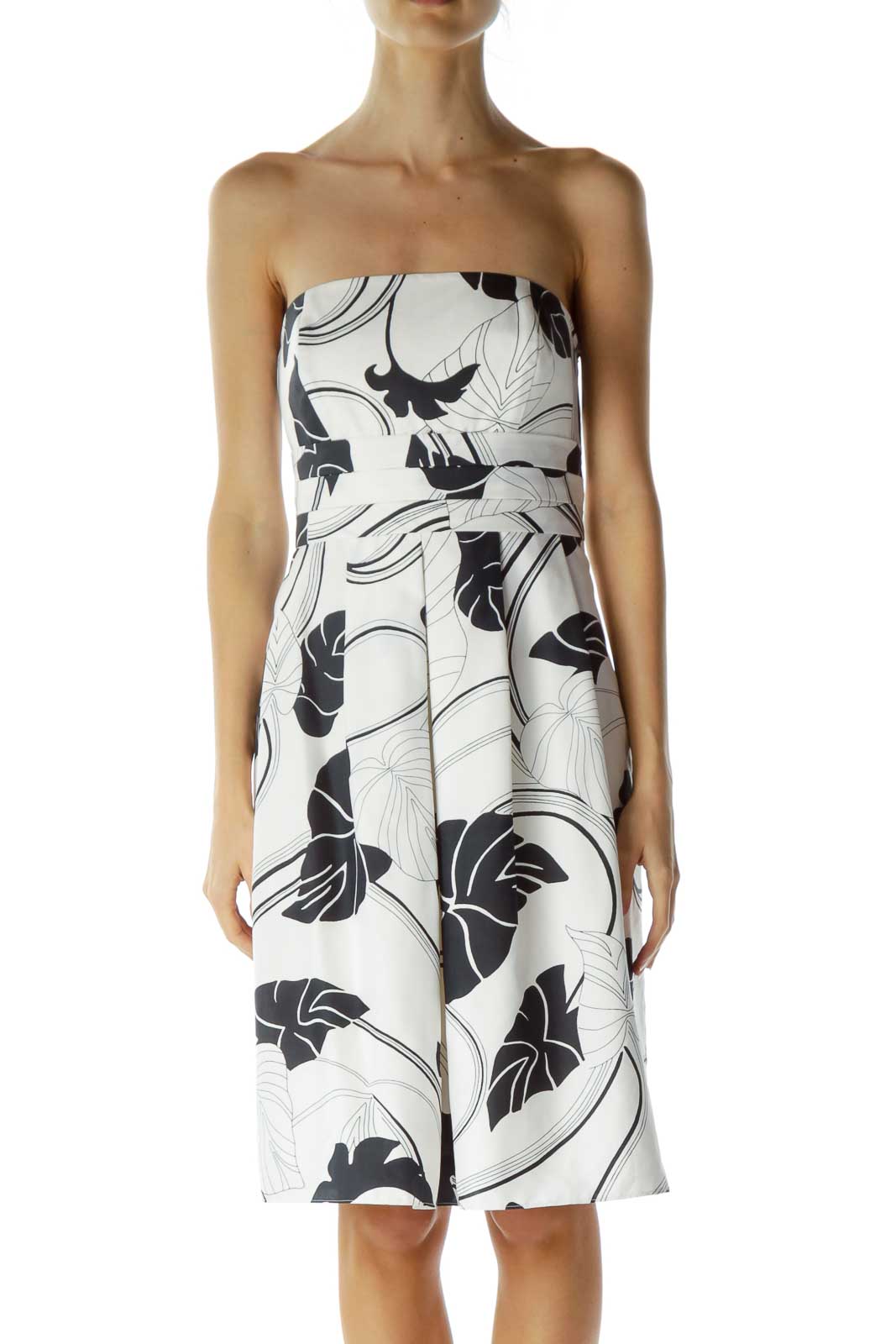 White Leaf Print Strapless Dress