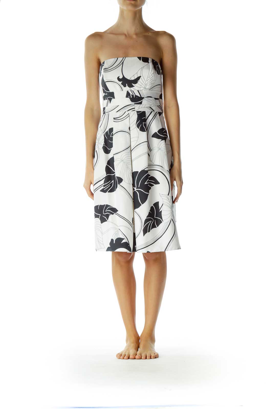 White Leaf Print Strapless Dress