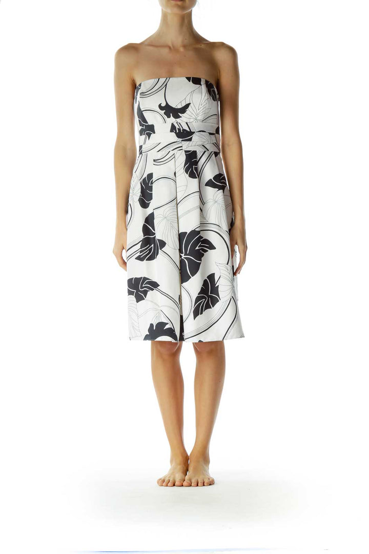 White Leaf Print Strapless Dress