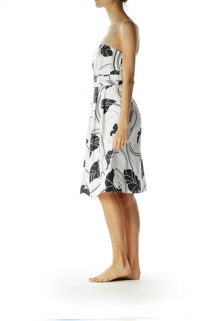 White Leaf Print Strapless Dress