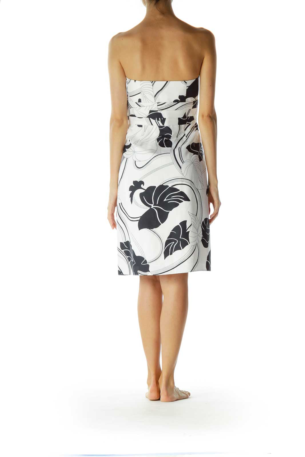 White Leaf Print Strapless Dress