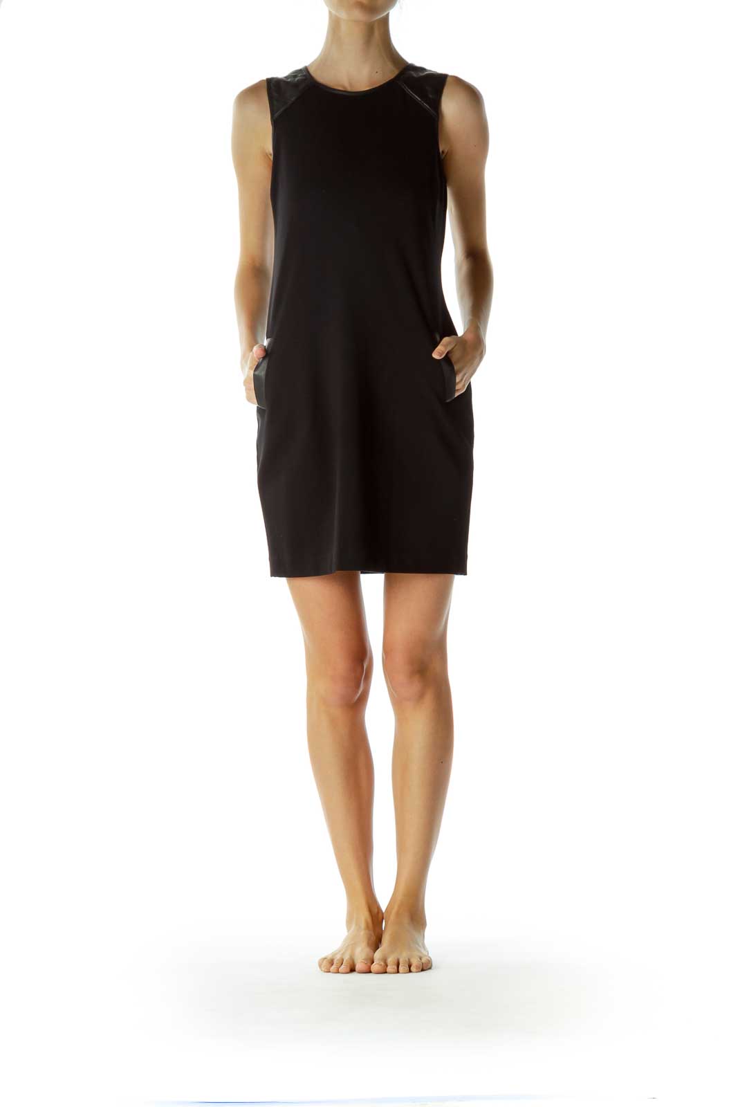 Black Sheath Dress with Faux-Leather Trim