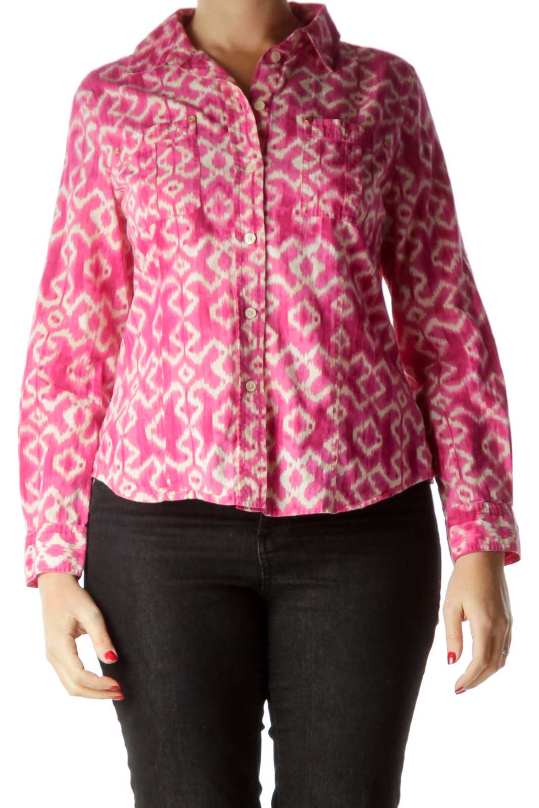Pink Beige Printed Button Down Blouse