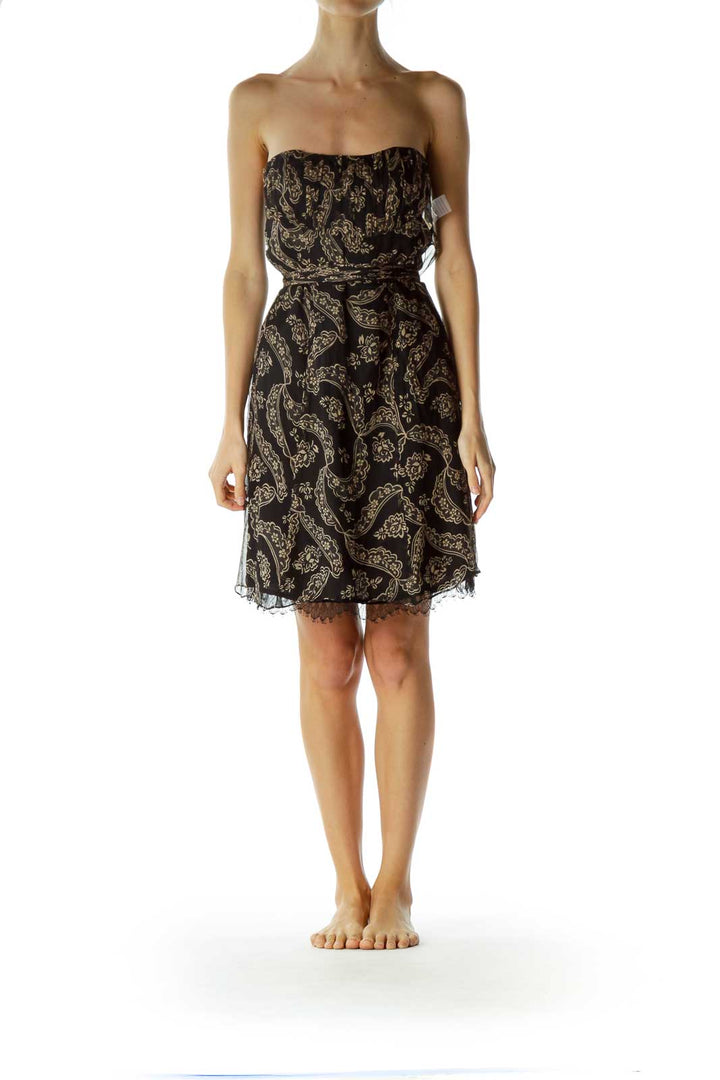 Black Beige Print Silk Strapless Dress
