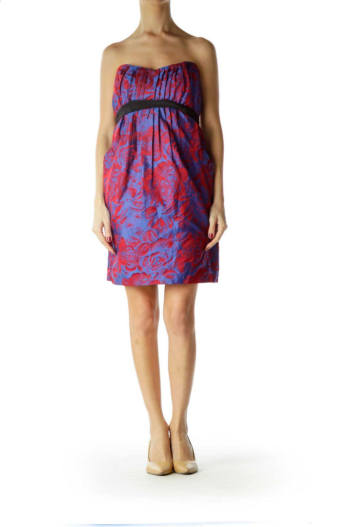 Blue Red Shiny Flower Print Strapless Dress