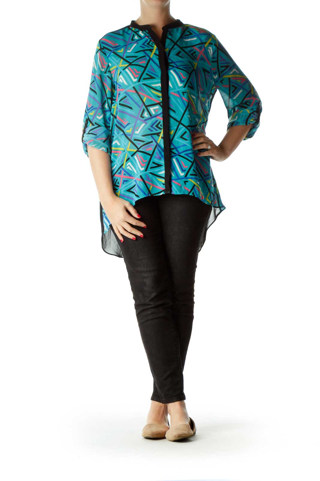 Multicolored Printed Buttoned High-Low Shirt