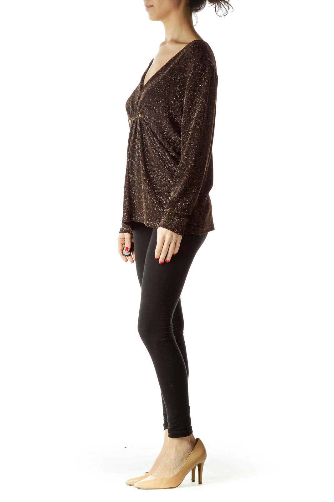 Brown Gold Metallic Long-Sleeve Blouse