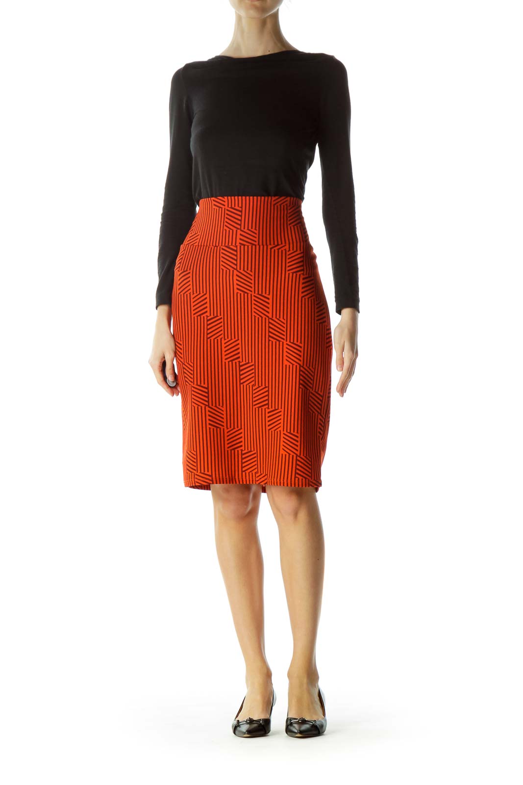 Orange Burgundy Geometric Print Pencil Skirt