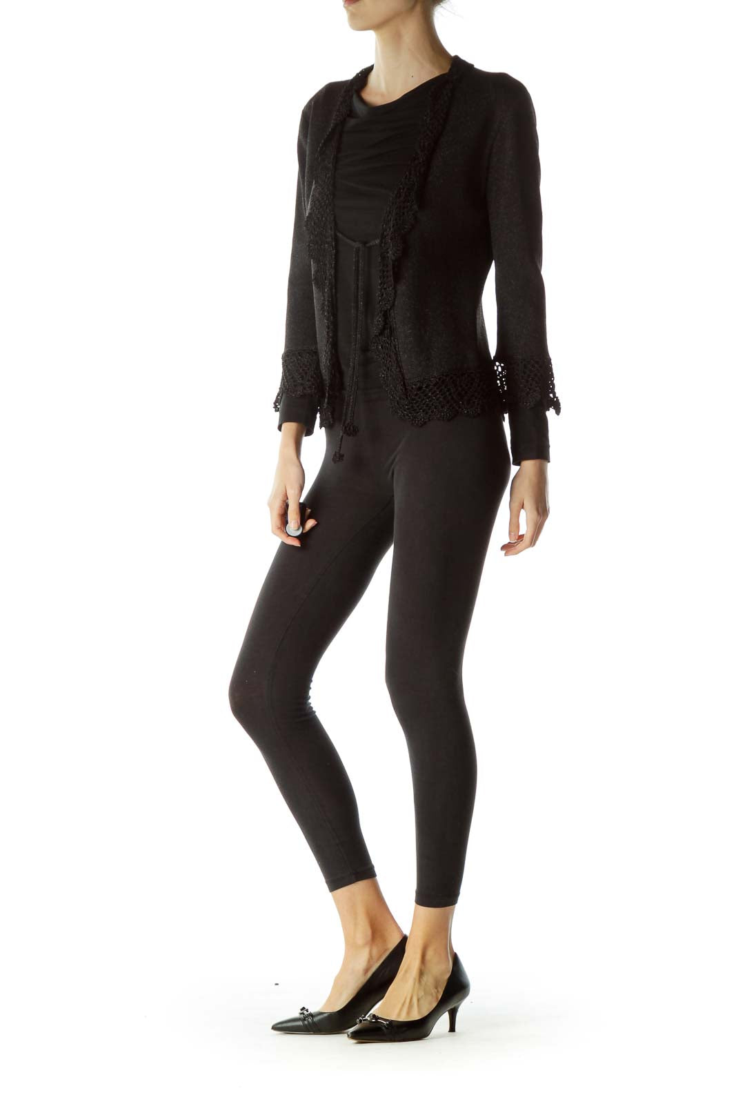Black Metallic Knit Cardigan with Tassles