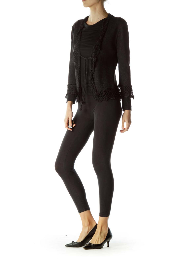Black Metallic Knit Cardigan with Tassles