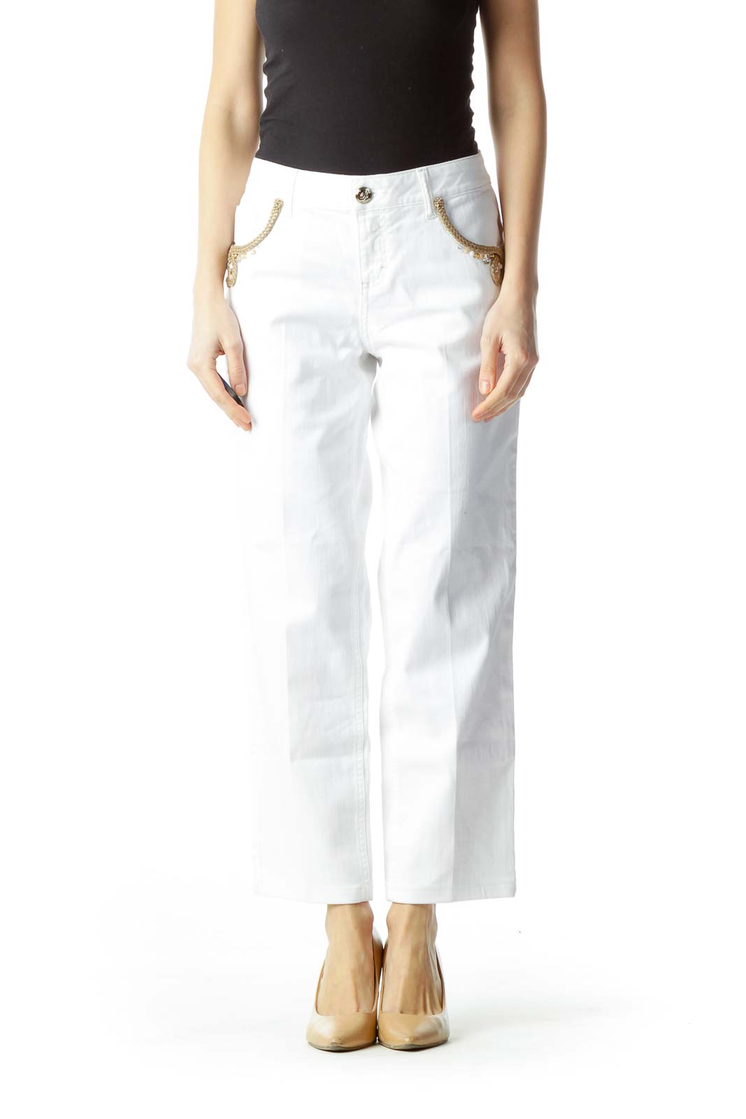 White Pocket Embellishment Skinny Pants