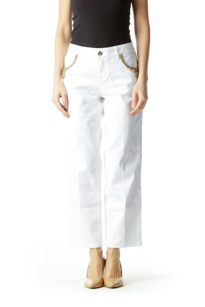 White Pocket Embellishment Skinny Pants