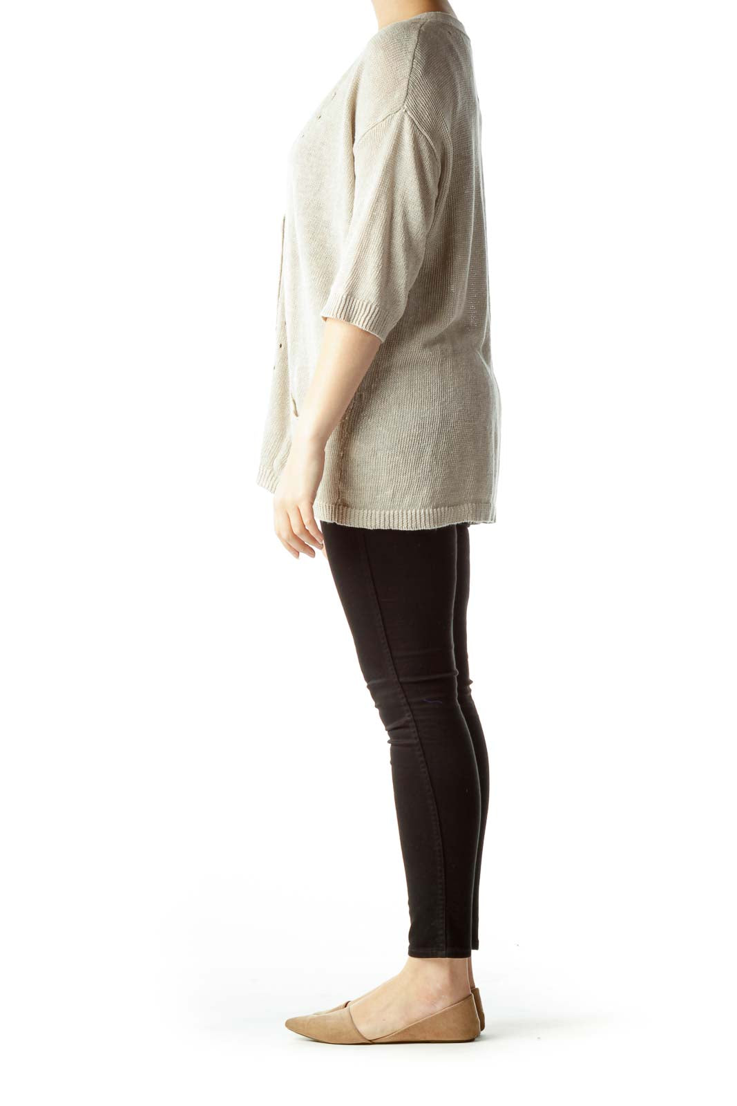 Beige 100% Linen Short Sleeve Cardigan