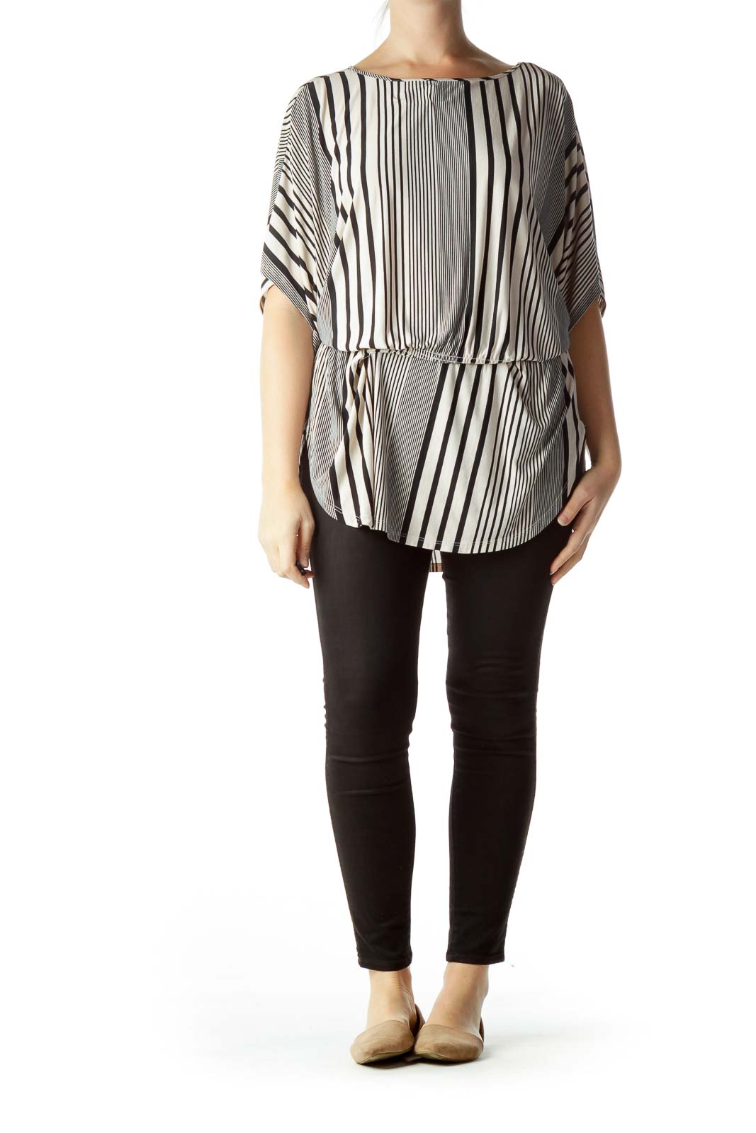 Beige Black Pinstripe Scrunched Tunic