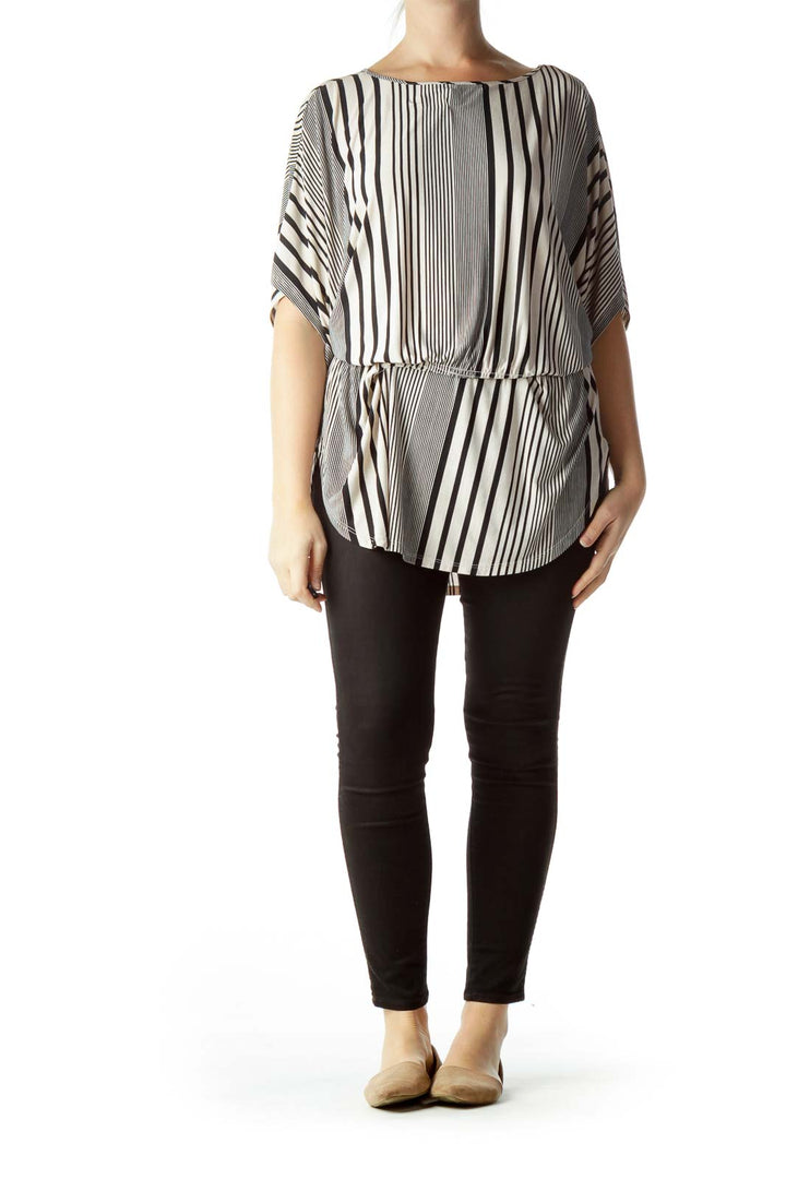 Beige Black Pinstripe Scrunched Tunic
