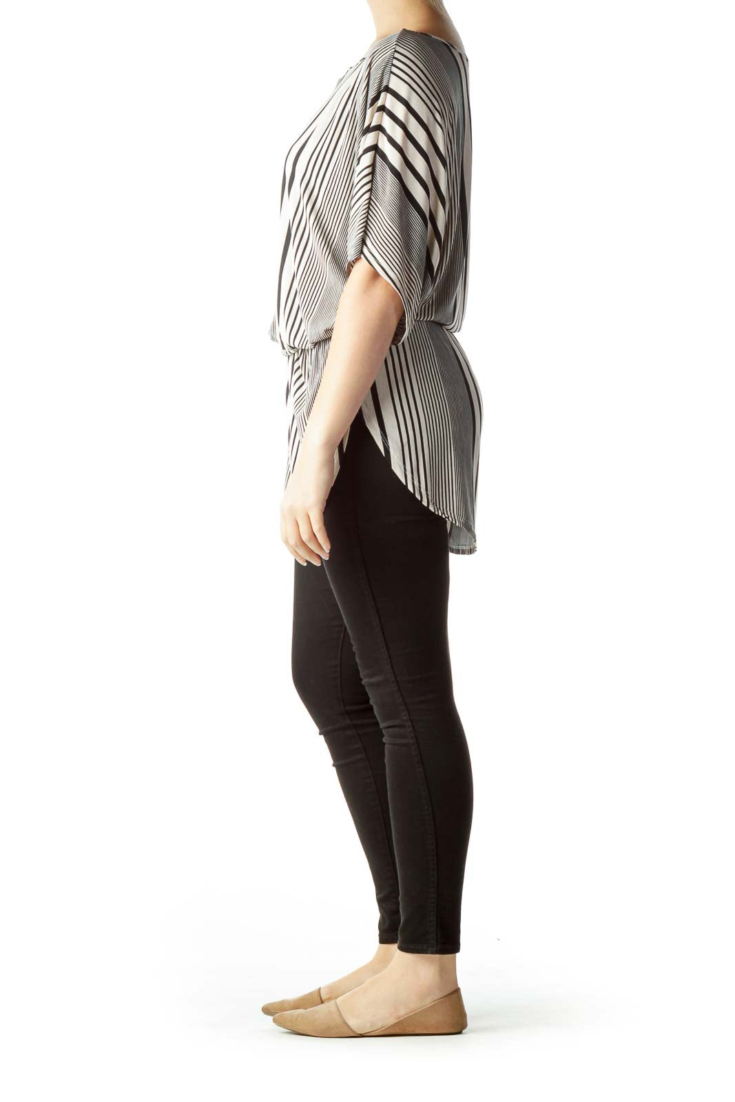 Beige Black Pinstripe Scrunched Tunic