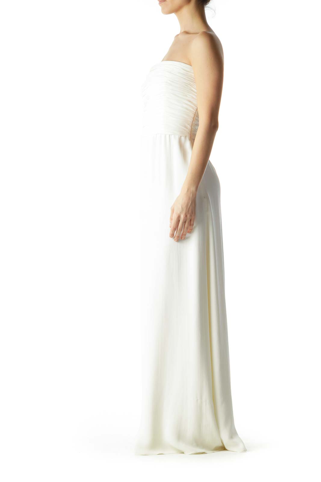 White Strapless Scrunched Evening Dress