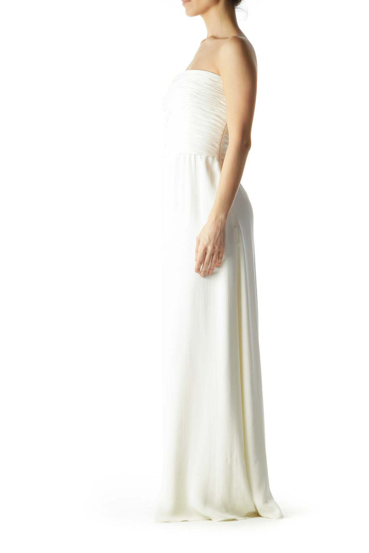 White Strapless Scrunched Evening Dress