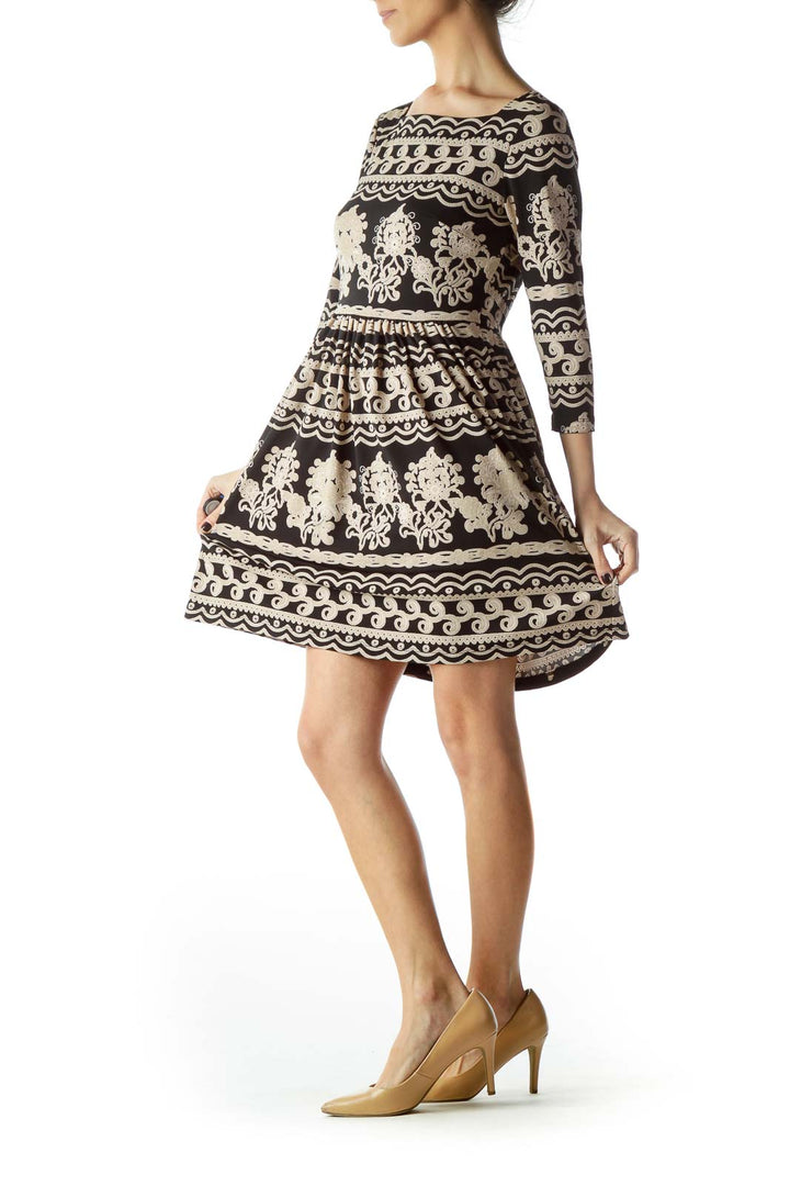 Black Beige Print 3/4 Sleeve Dress