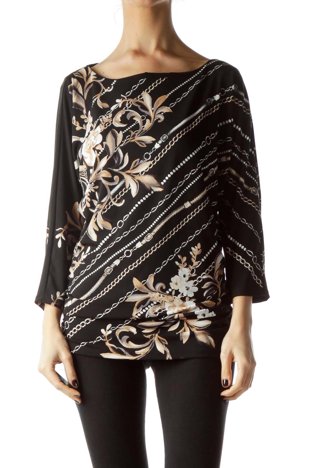 Black Beige White Floral and Chain Print Top