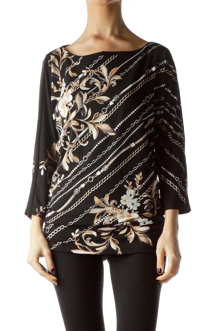 Black Beige White Floral and Chain Print Top