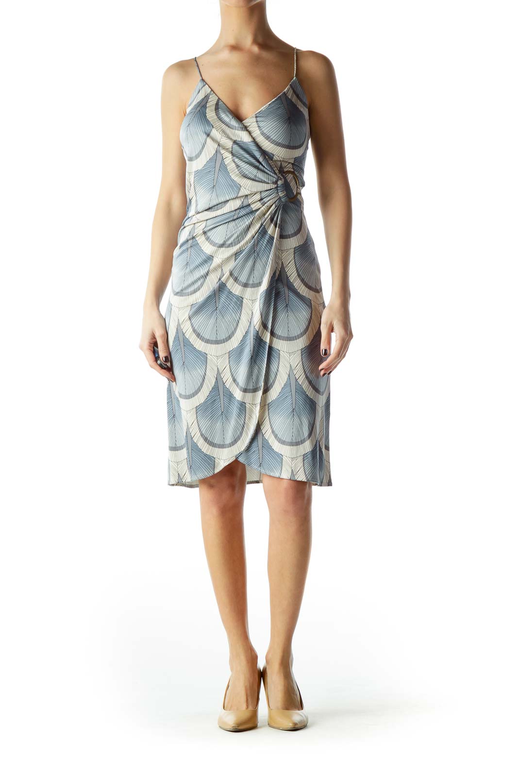 Blue Cream 100% Silk Dress with Metal Detail