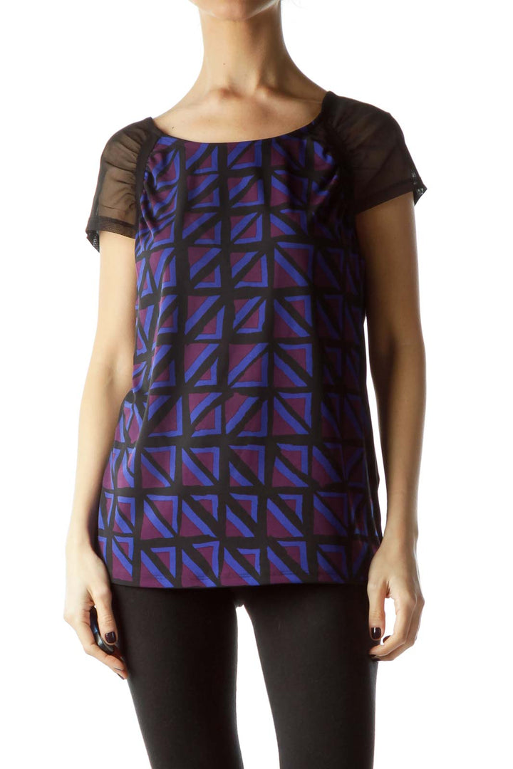 Black Violet Blue Geometric Print Blouse