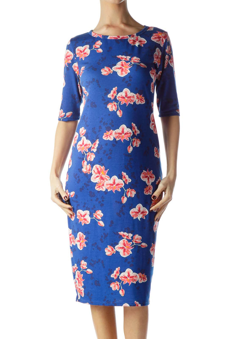 Blue Pink Flower Print Stretch Day Dress