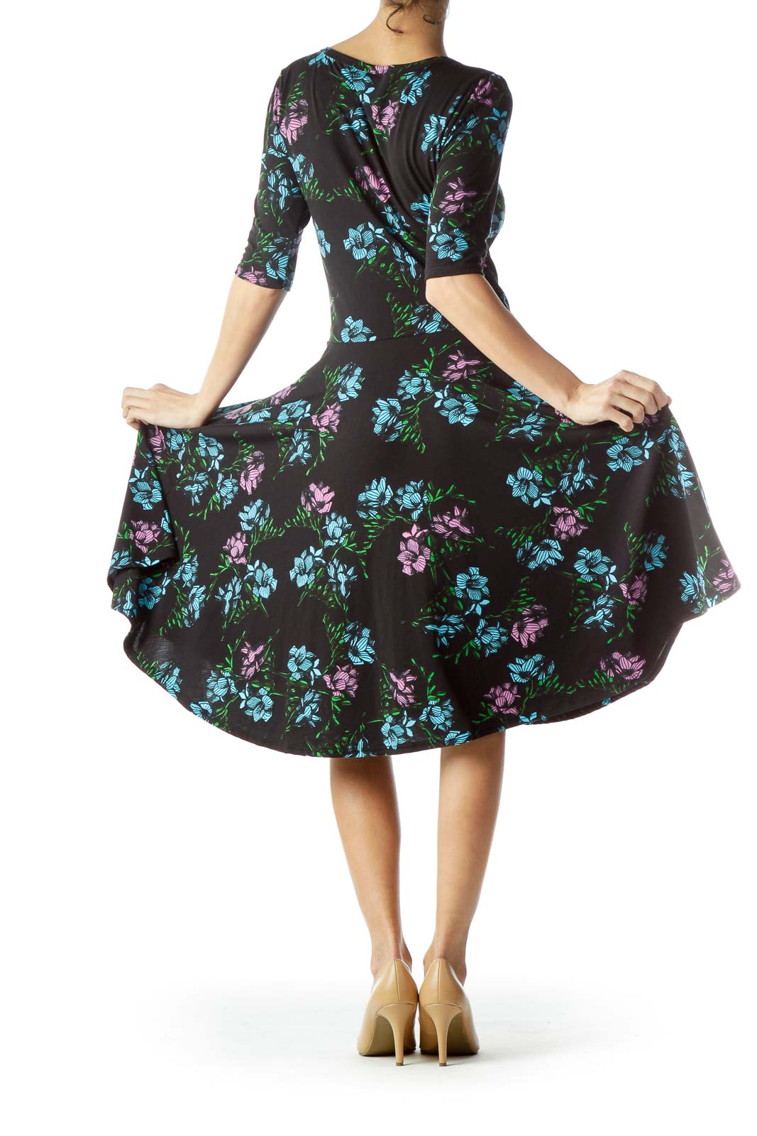 Black with Purple Blue Floral Print Day Dress
