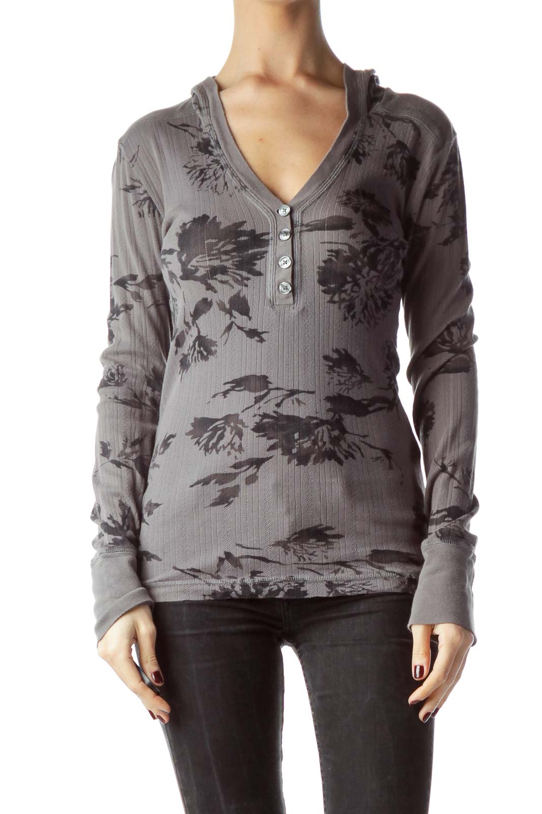 Gray Floral Print 100% Cotton Hooded Knit Top