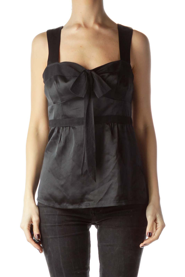 Black Front Bow Detail Sleeveless Silk Top