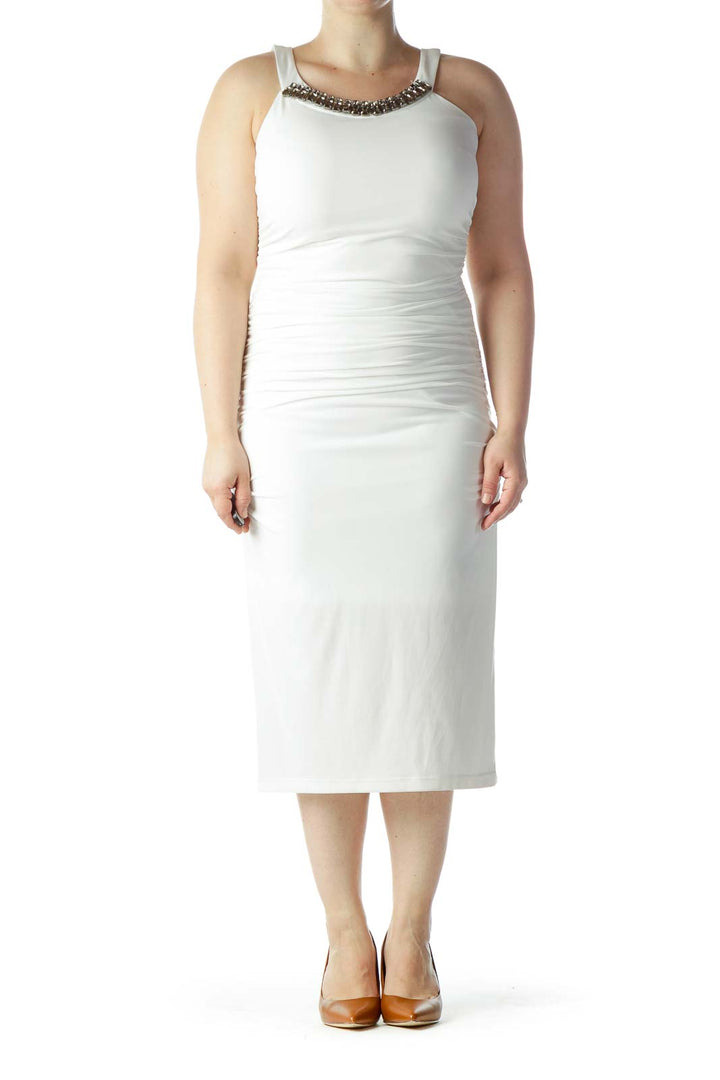 Off-White Embellished Neckline Scrunched Long Dress