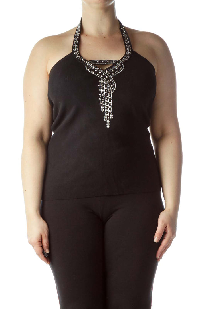 Black Neck Bead Embellishment Halter Knit Top
