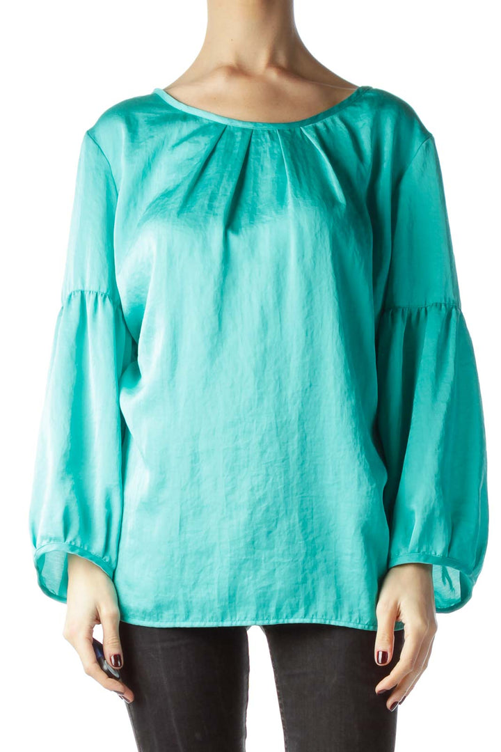 Mint Green Neckline Pleats Shiny Blouse