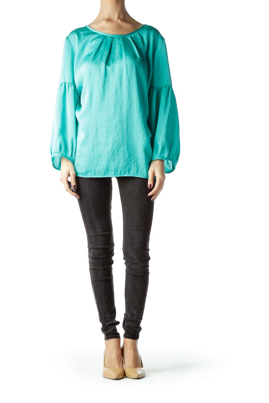 Mint Green Neckline Pleats Shiny Blouse